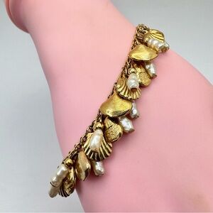 Vintage Napier Gold Tone Shell Charm Bracelet Faux Pearl Dangle Statement